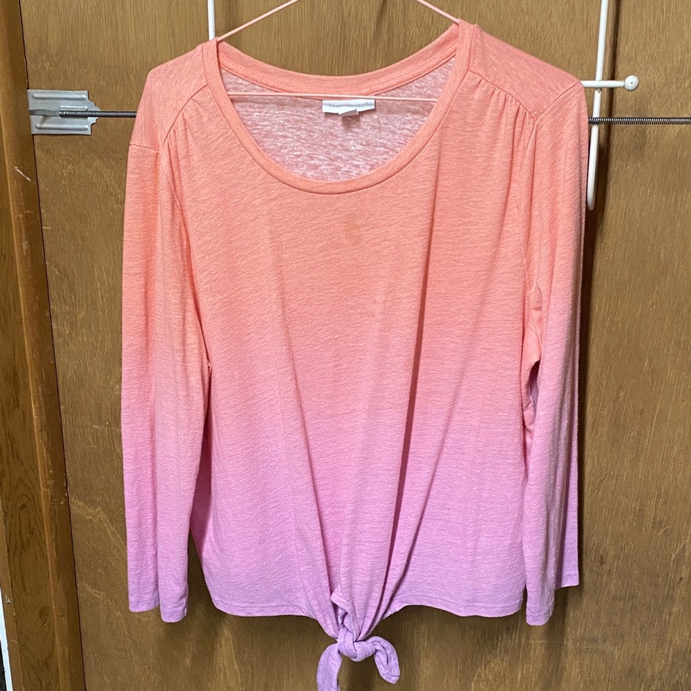 3/$15. Women’s mid length Sleeve Tie-Hem Top, size L, ombré peach and lavender.